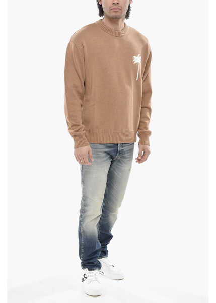 Pulovere Palm Angels Cotton-Blend Crewneck Sweater All-Over Palms Brown Barbati (BM 19762577) 4