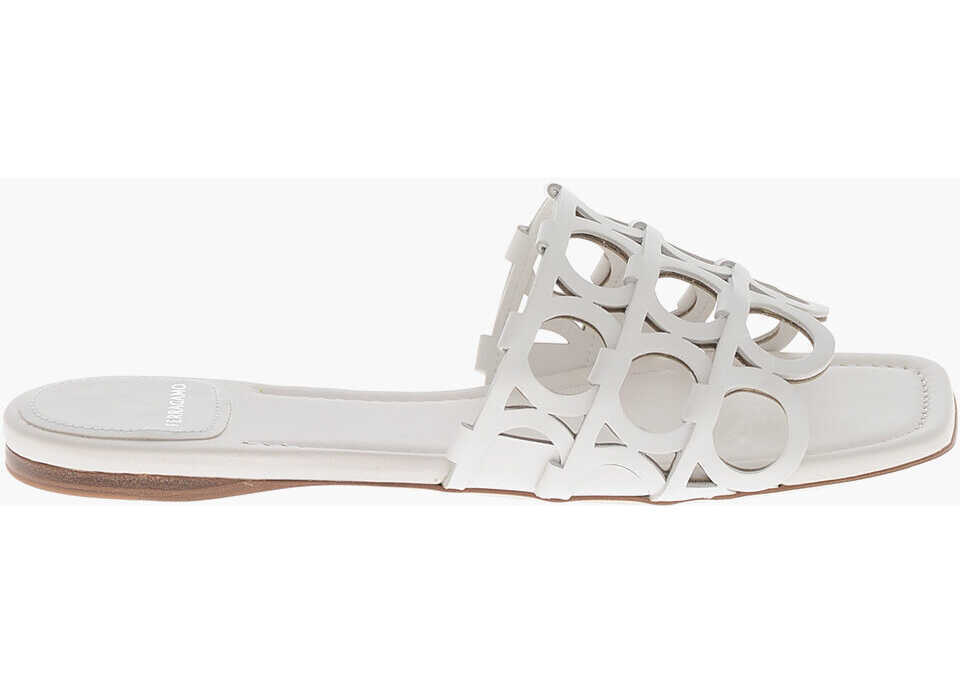 Sandale fara toc Salvatore Ferragamo Perforated Leather Slides Erne With Monogram Pattern White Femei (BM 19762673) 3