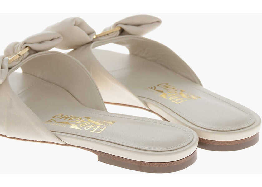 Sandale fara toc Salvatore Ferragamo Leather Slide Sandals Lylas With Front Bow White Femei (BM 19763045) 2