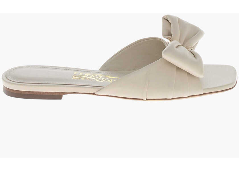 Sandale fara toc Salvatore Ferragamo Leather Slide Sandals Lylas With Front Bow White Femei (BM 19763045) 3