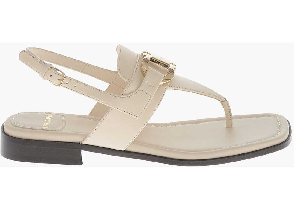 Sandale fara toc Salvatore Ferragamo Leather Thong Sandals Lula With Buckle White Femei (BM 19763177) 3