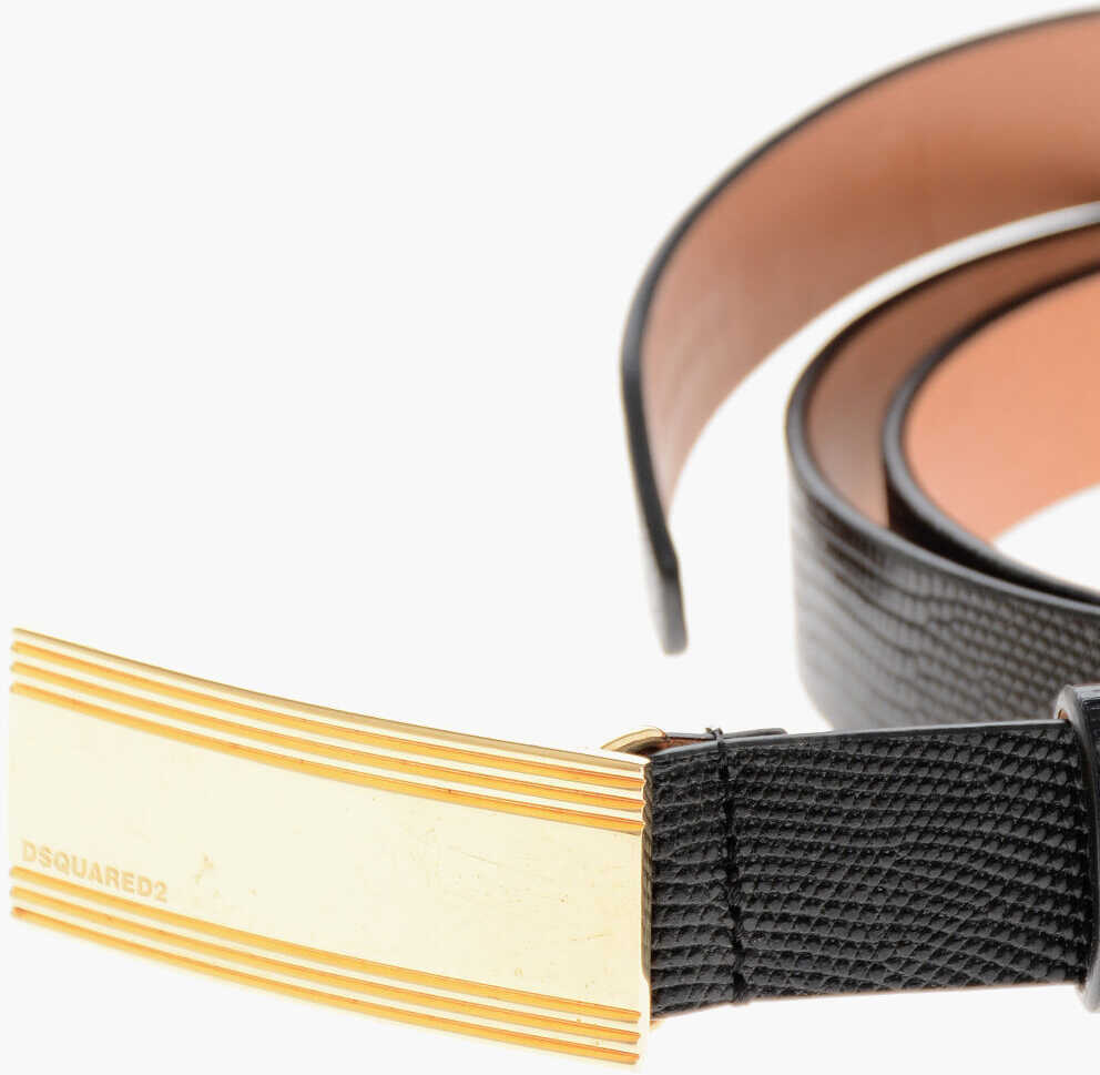 Curele DSQUARED2 Saffiano Leather Belt With 25Mm Gold Buckle Black Barbati (BM 19763285) 2