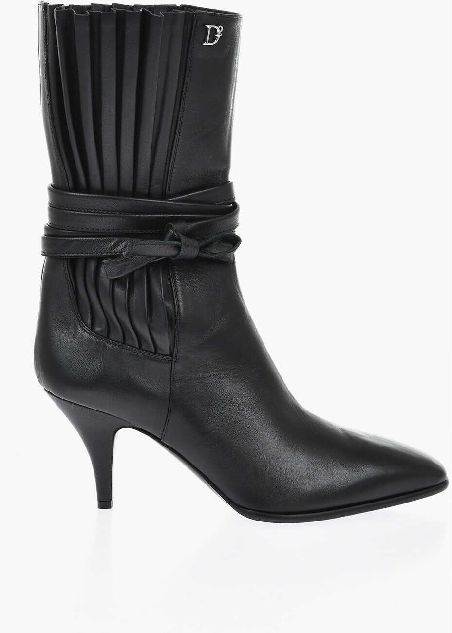 Botine DSQUARED2 Leather Ankle Boots With Pleated Details, Side Laces And 7Cm Black Femei (BM 19763453) 2