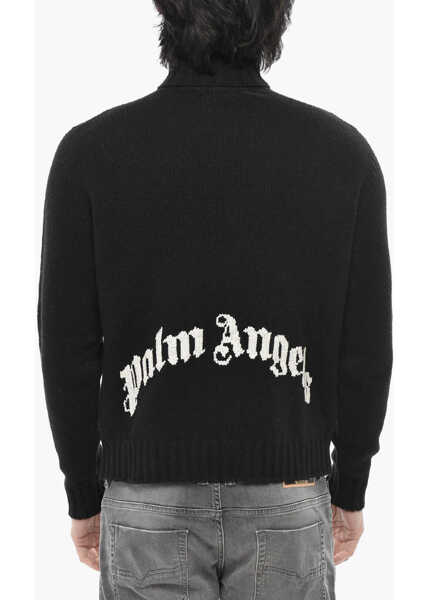 Pulovere Palm Angels Turtleneck Sweater Curved Logo With Jacquard Logo Black Barbati (BM 19763486) 2