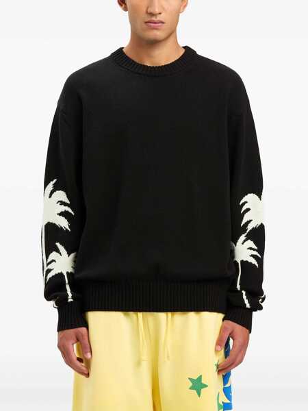 Pulovere Palm Angels Cotton-Blend Crewneck Sweater Palms With Jacquard Details Black Barbati (BM 19763504) 3