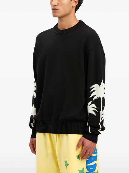 Pulovere Palm Angels Cotton-Blend Crewneck Sweater Palms With Jacquard Details Black Barbati (BM 19763504) 4