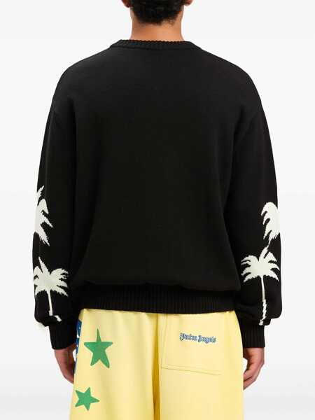 Pulovere Palm Angels Cotton-Blend Crewneck Sweater Palms With Jacquard Details Black Barbati (BM 19763504) 5