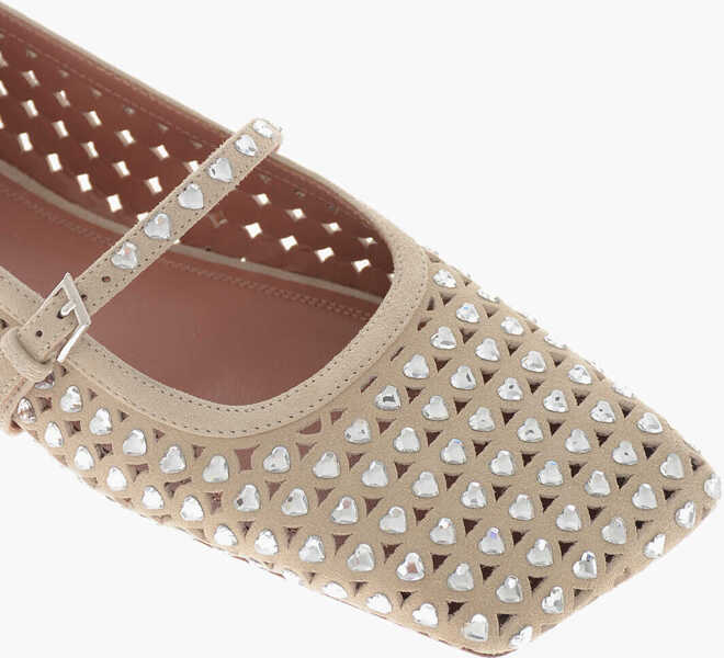 Balerini casual AMINA MUADDI Perforated Leather Mary Jane Ballet Flats Ana With Crystals Beige Femei (BM 19766690) 4