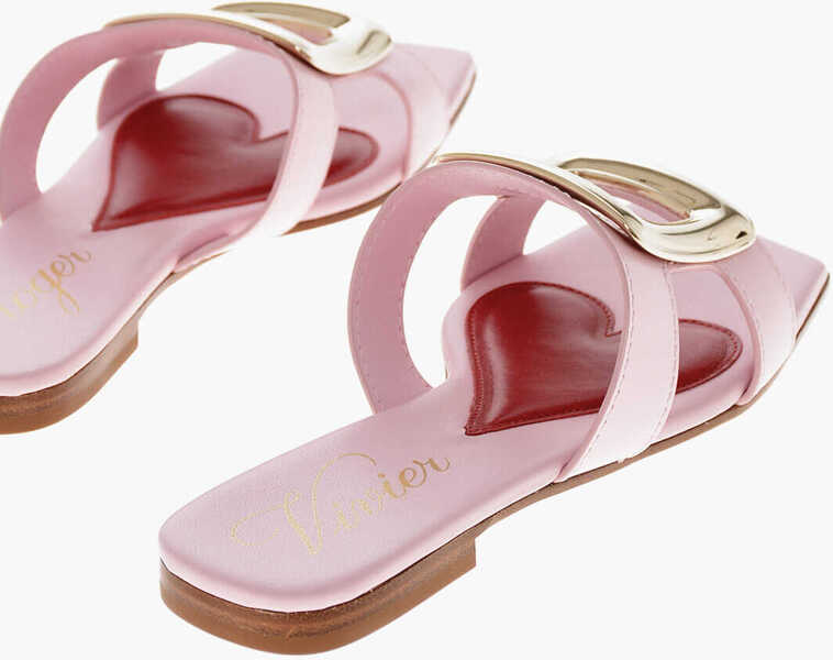 Sandale fara toc Roger Vivier Leather Slides New Metal With Leather Sole Pink Femei (BM 19769444) 2
