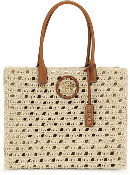 Genti de mana Versace TOTE FABRIC CALF LETAHER NATURAL AMBRER VERSACE GOLD Femei (BM 19770938) 1