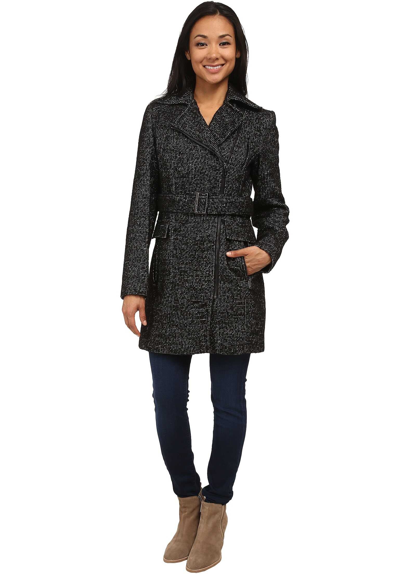 Pardesiu Calvin Klein Wool Belted Coat w/ Asymmetrical Zipper Black/White