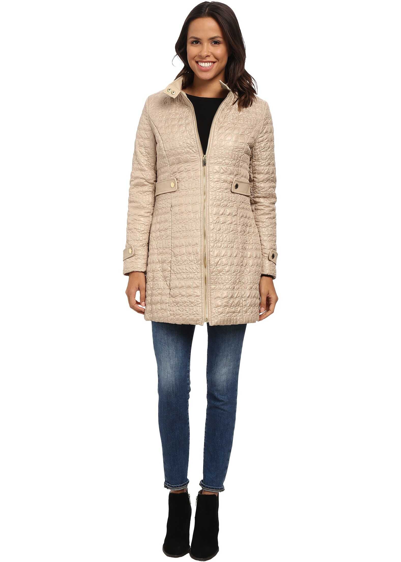 Geaca Via Spiga Crocodile Print Stand Collar Quilt Coat w/ Side Tabs Champagne