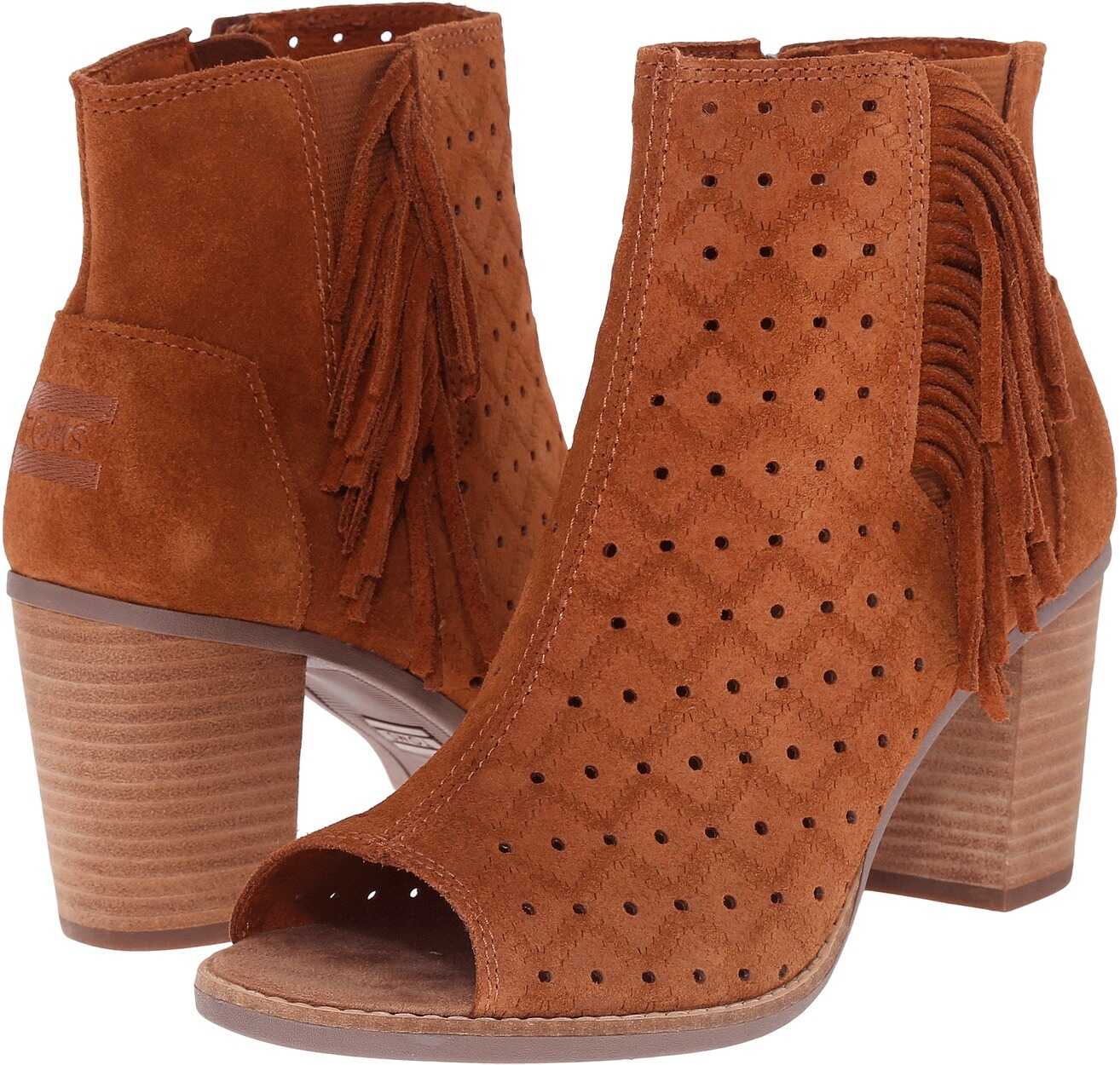 TOMS Majorca Peep Toe Bootie Cinnamon Suede Perforated/Fringe