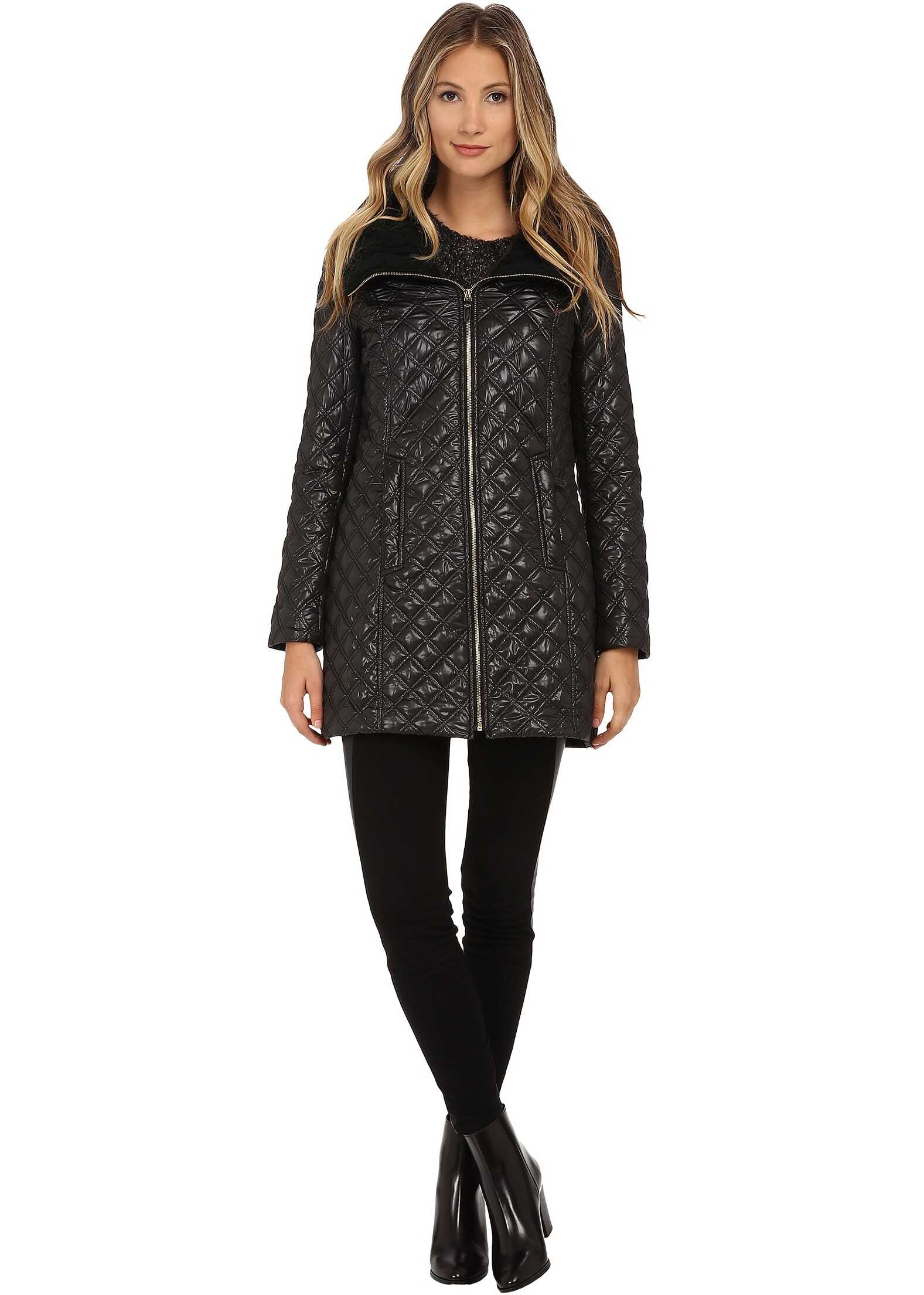 Via Spiga Quilt Coat w/ Knit Collar and Front Gold Zip Black