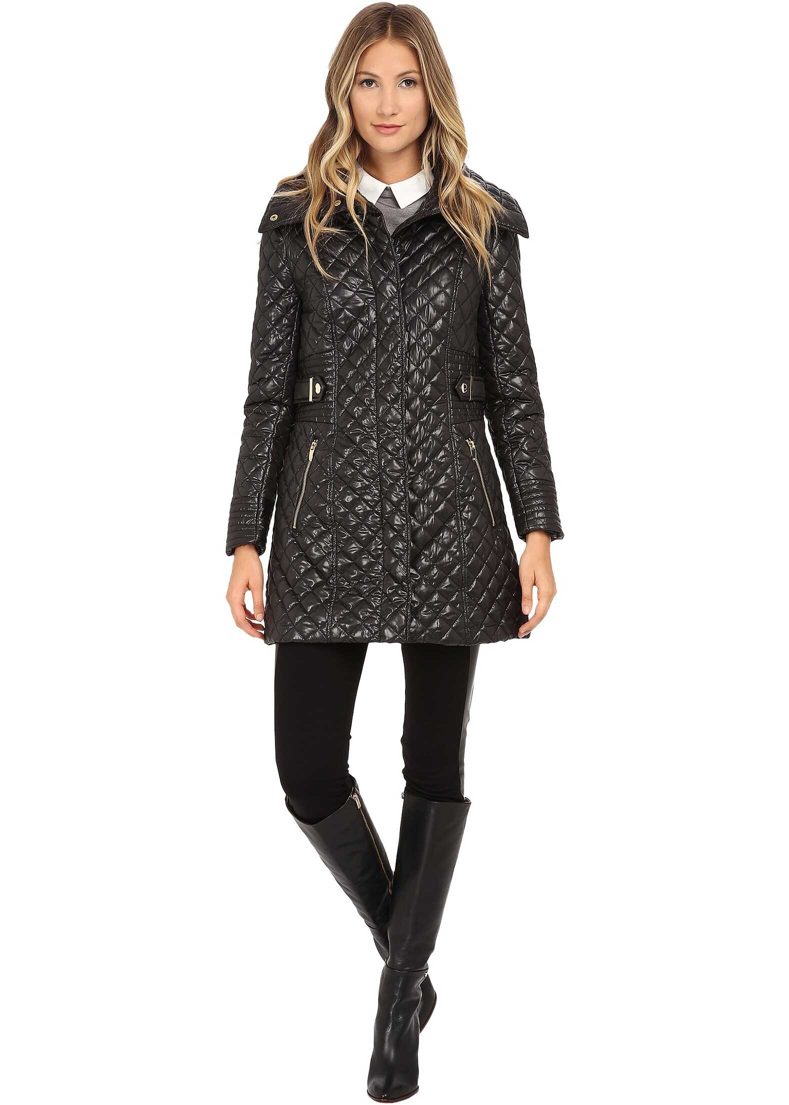 Via Spiga Hidden Zip Front Quilt Coat w/ Side Tab Detail Black