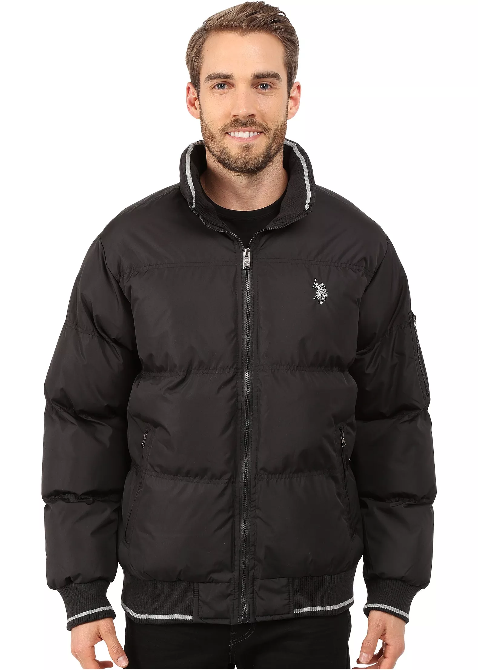 Geaca U.S. POLO ASSN. Puffer Jacket with Striped Rib Knit Collar Black
