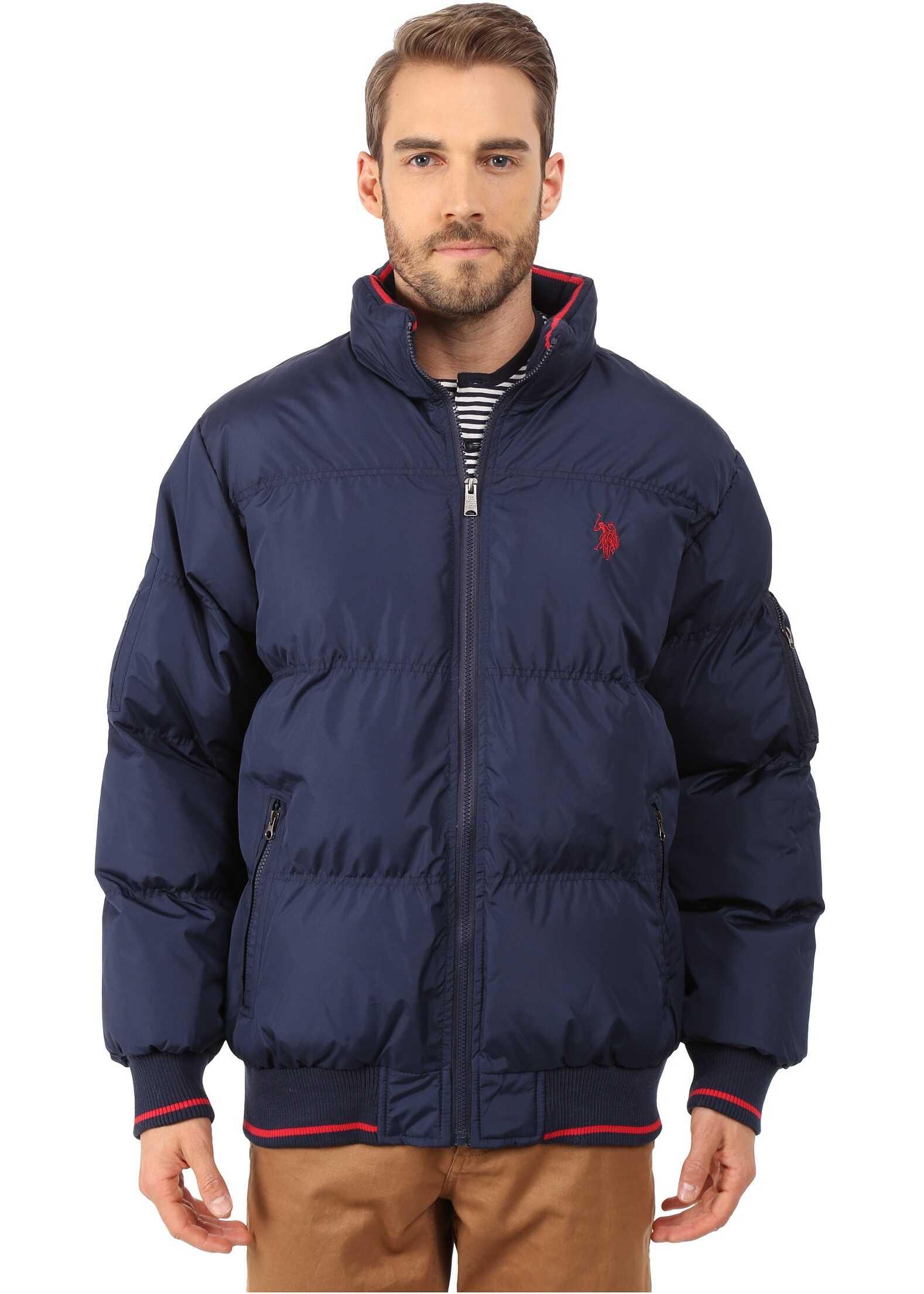Geaca U.S. POLO ASSN. Puffer Jacket with Striped Rib Knit Collar Navy