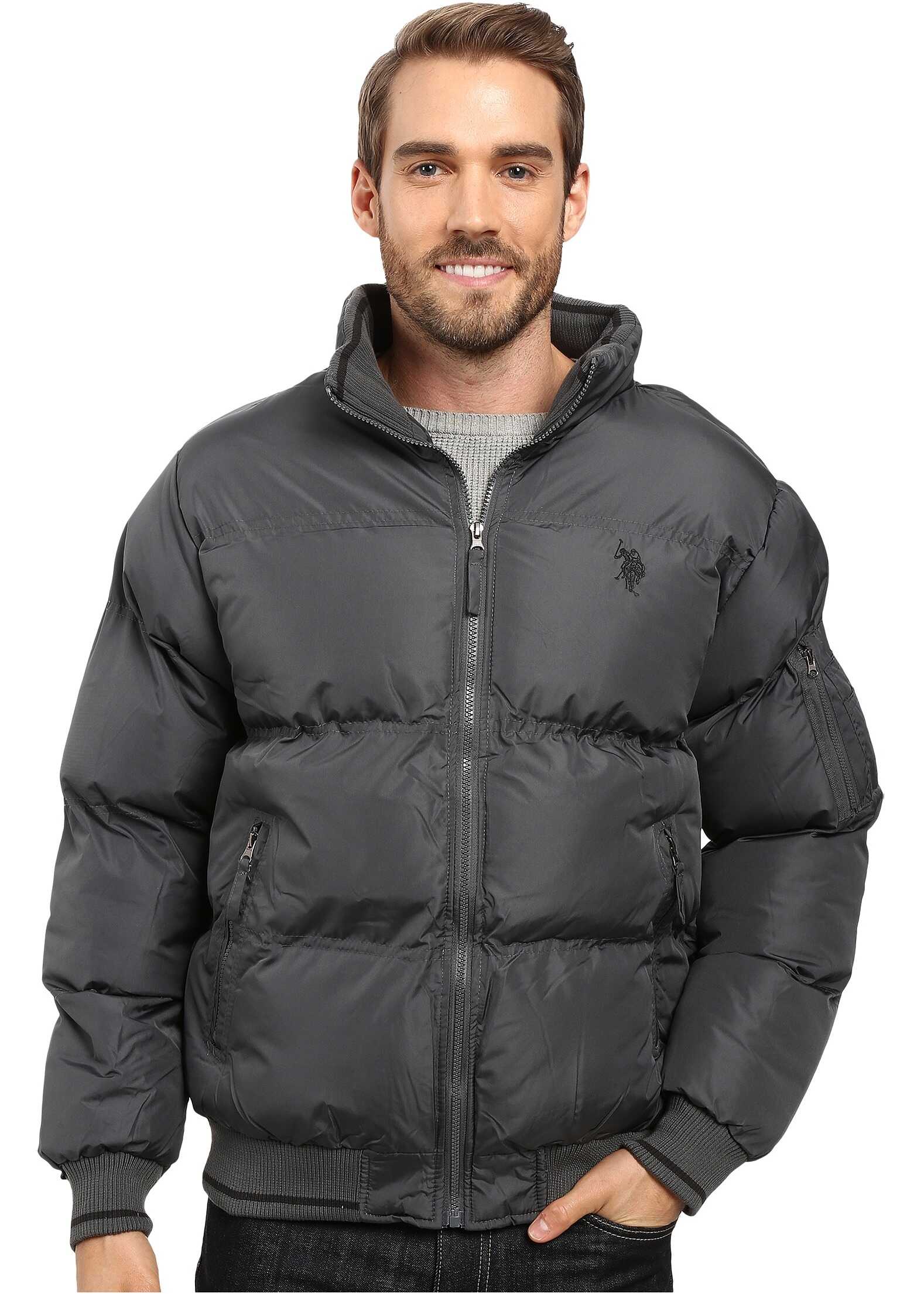 Geaca U.S. POLO ASSN. Puffer Jacket with Striped Rib Knit Collar Dark Shadow