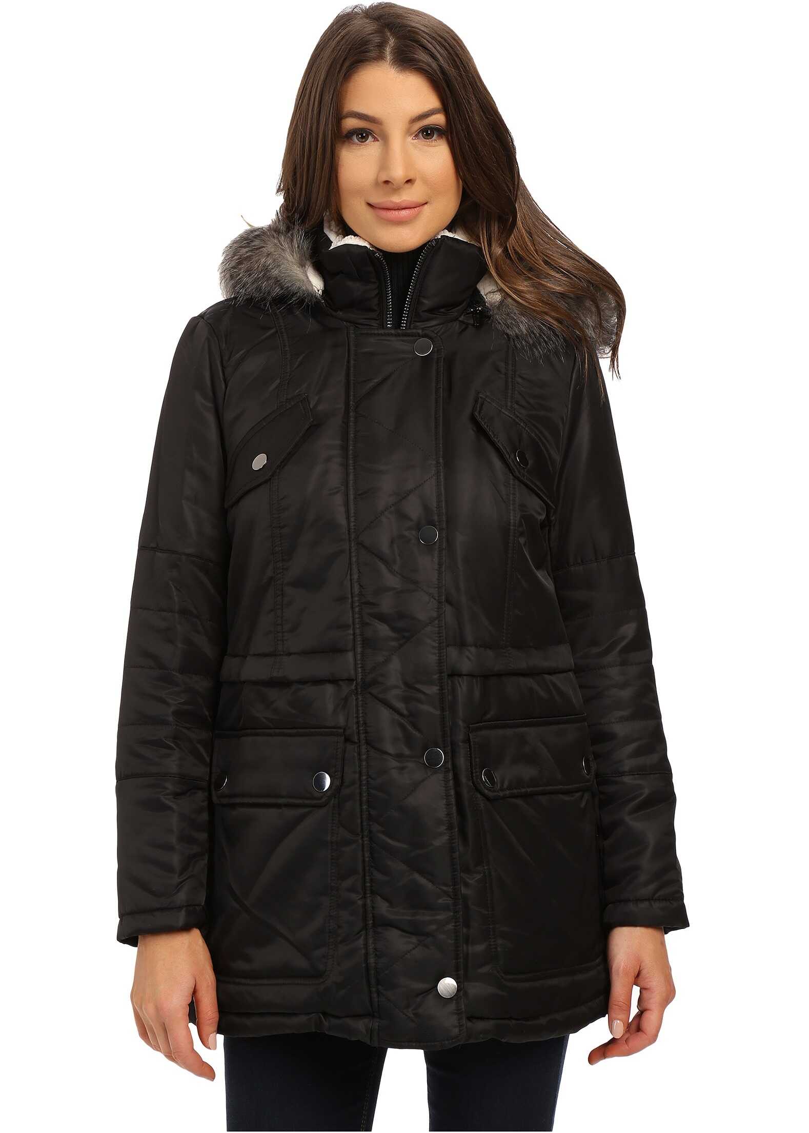 Geaca Kenneth Cole New York Hooded Parka with Faux Fur Trim & Sherpa Lining Black