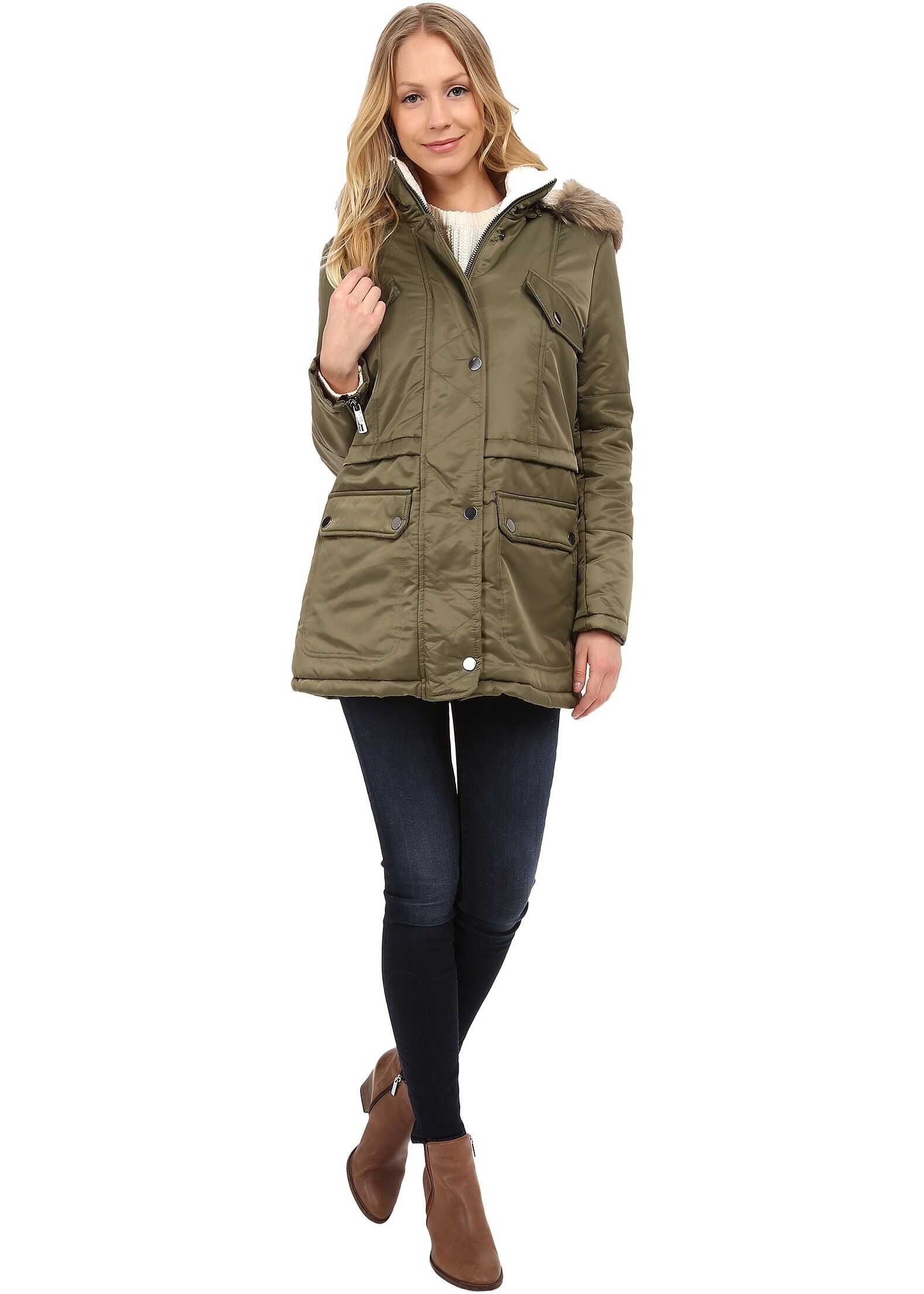 Geaca Kenneth Cole New York Hooded Parka with Faux Fur Trim & Sherpa Lining Olive