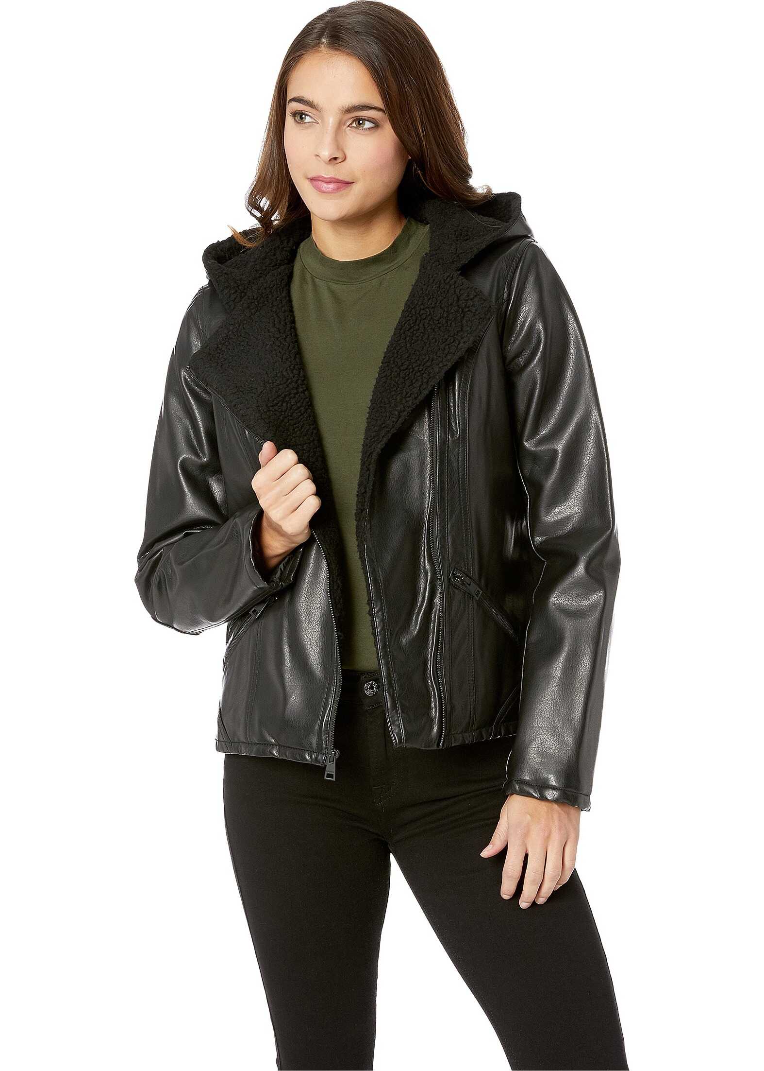 Levi's® Asymmetrical Faux Leather Hooded Moto w/ Sherpa Black
