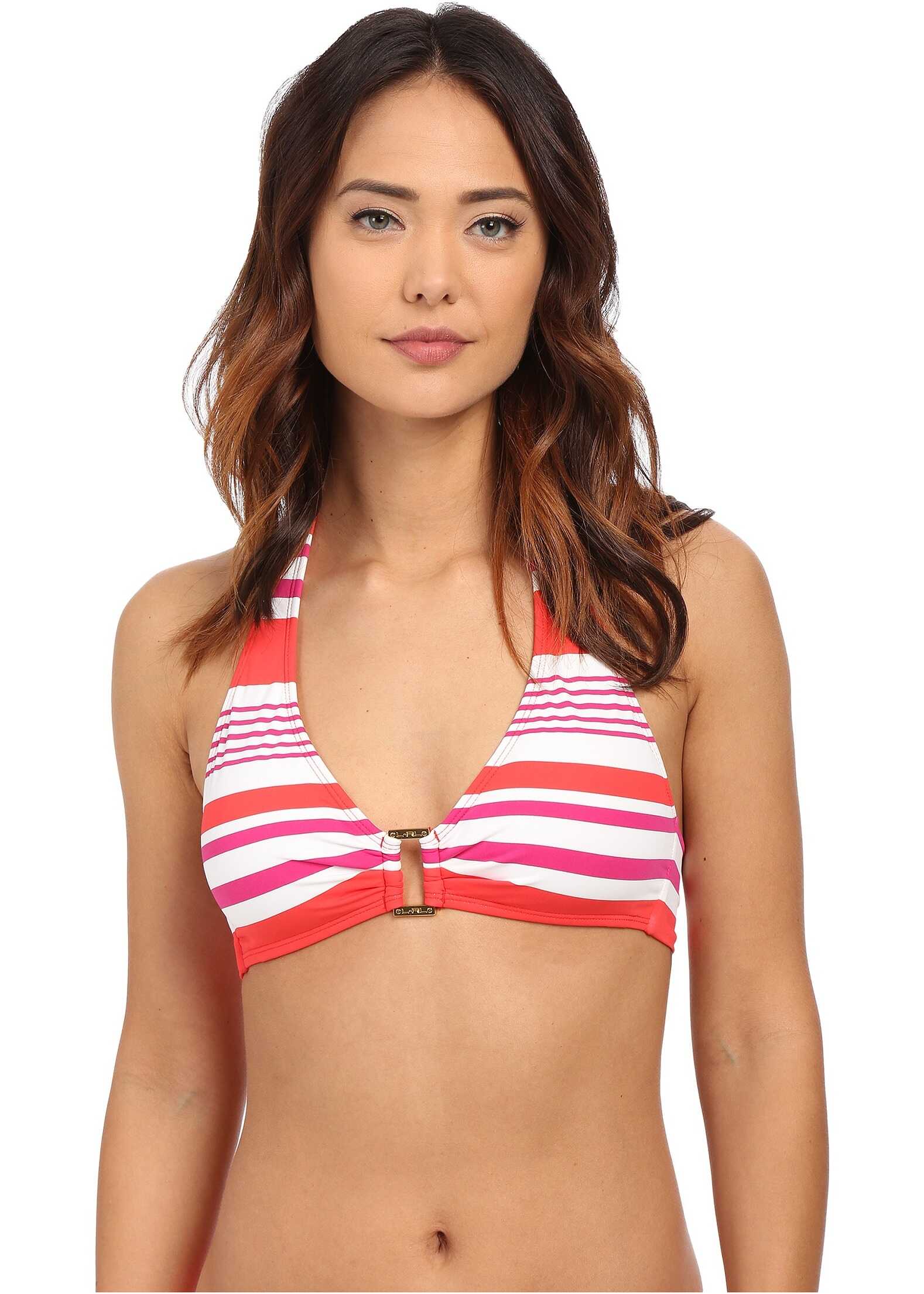 Costum Ralph Lauren Marina Stripe Ring Front Halter w/ Removable Cup Top Coral/Pink