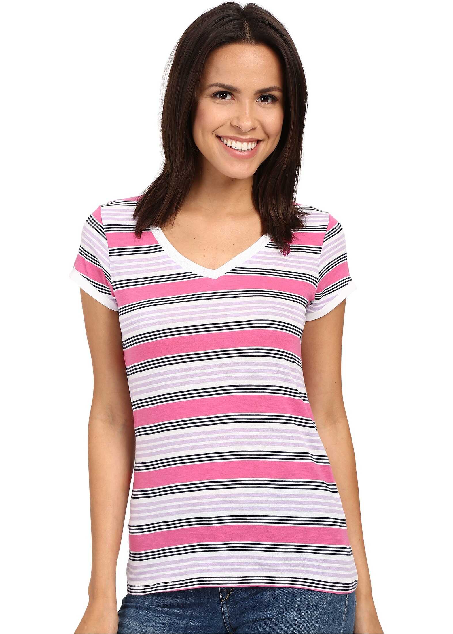 Lace Trim V-Neck Slub Stripe Tee