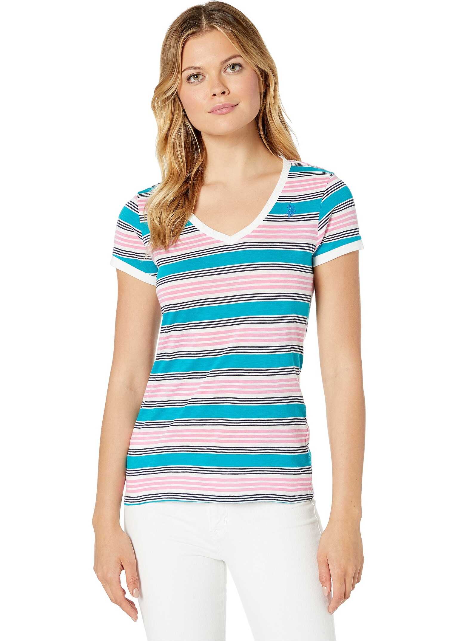 U.S. POLO ASSN. Lace Trim V-Neck Slub Stripe Tee Capri Breeze