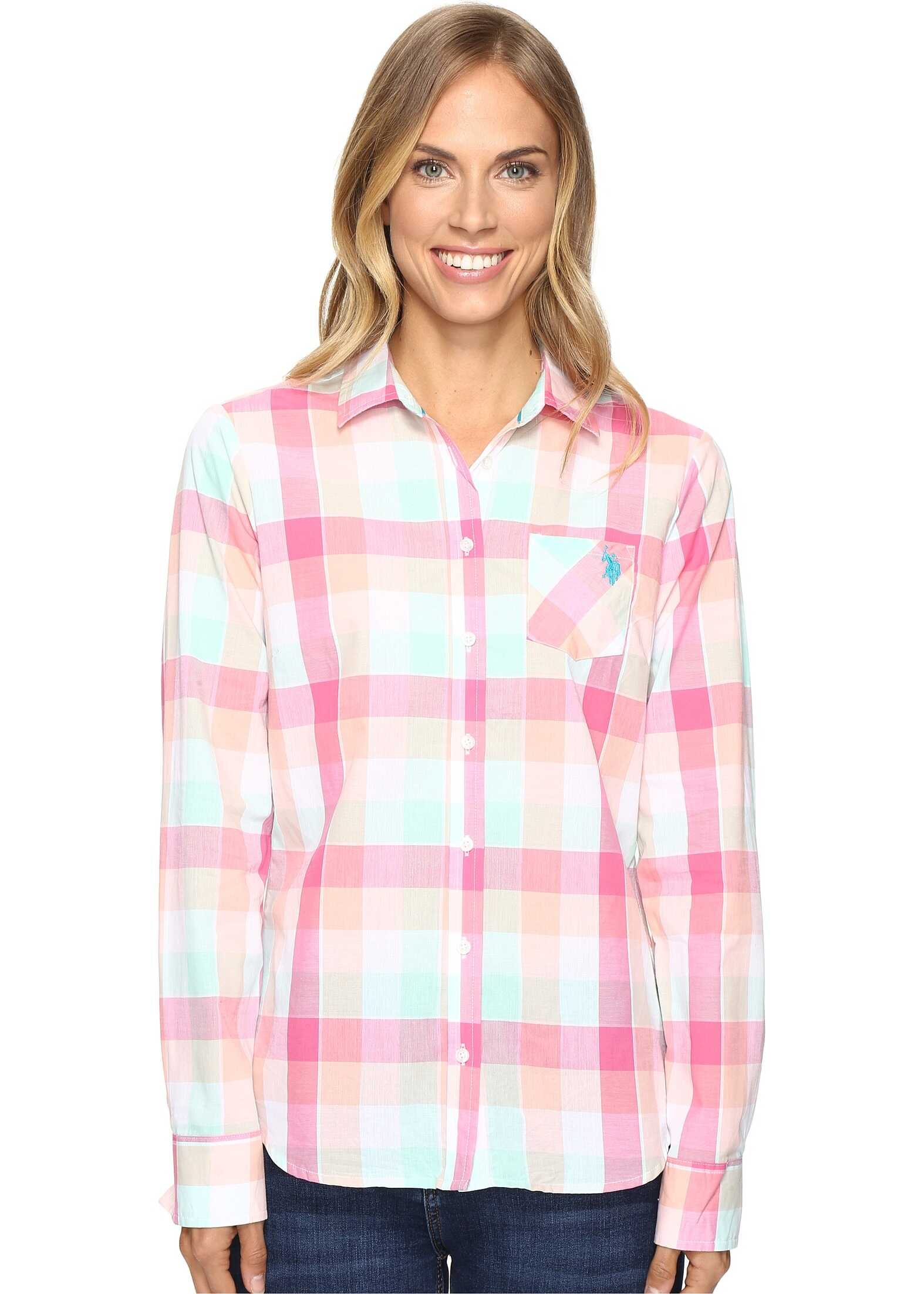 Camasa U.S. POLO ASSN. Classic Button Front Poplin Plaid Woven Shirt Shocking Pink