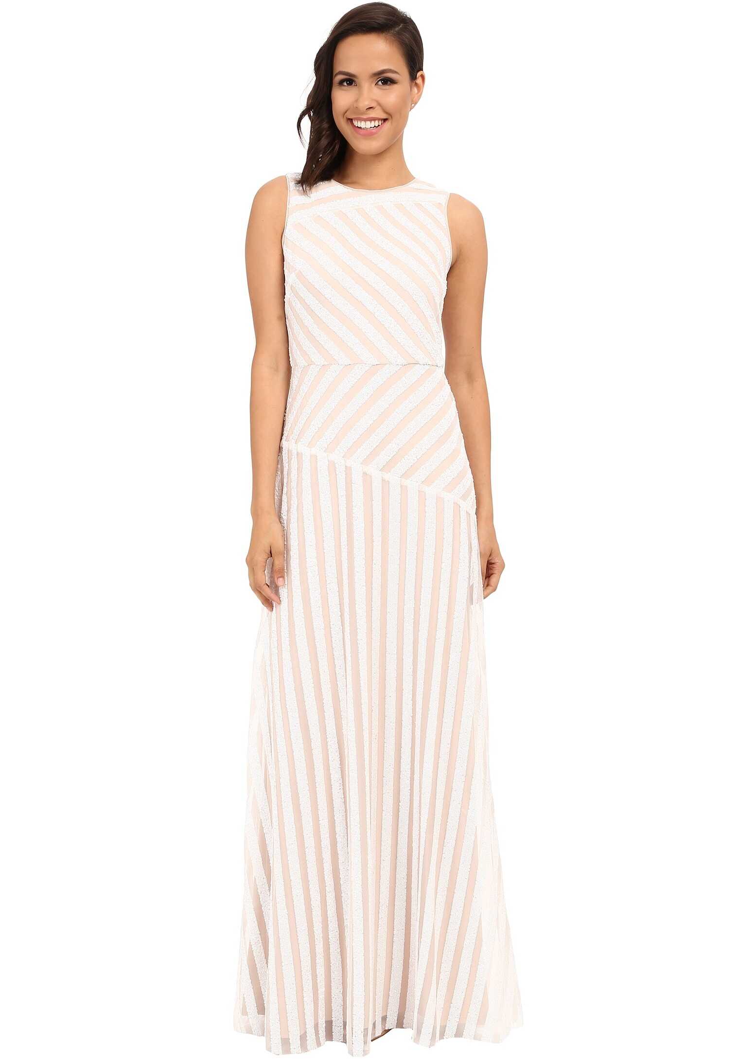 Donna Morgan Gigi Boat Neck Striped Sequin Gown Ivory/Nude