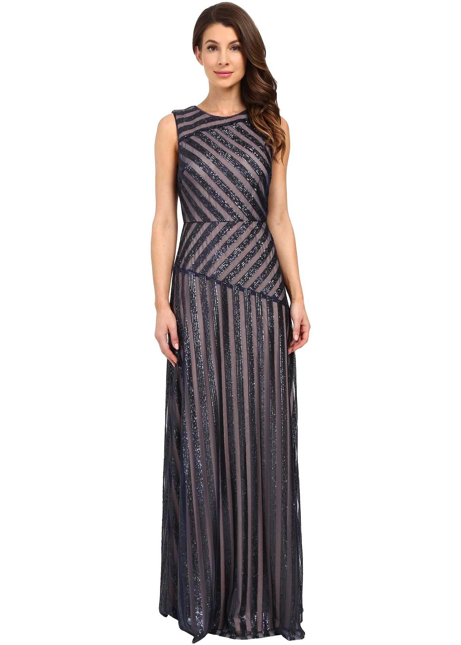 Rochie Donna Morgan Gigi Boat Neck Striped Sequin Gown Midnight/Nude