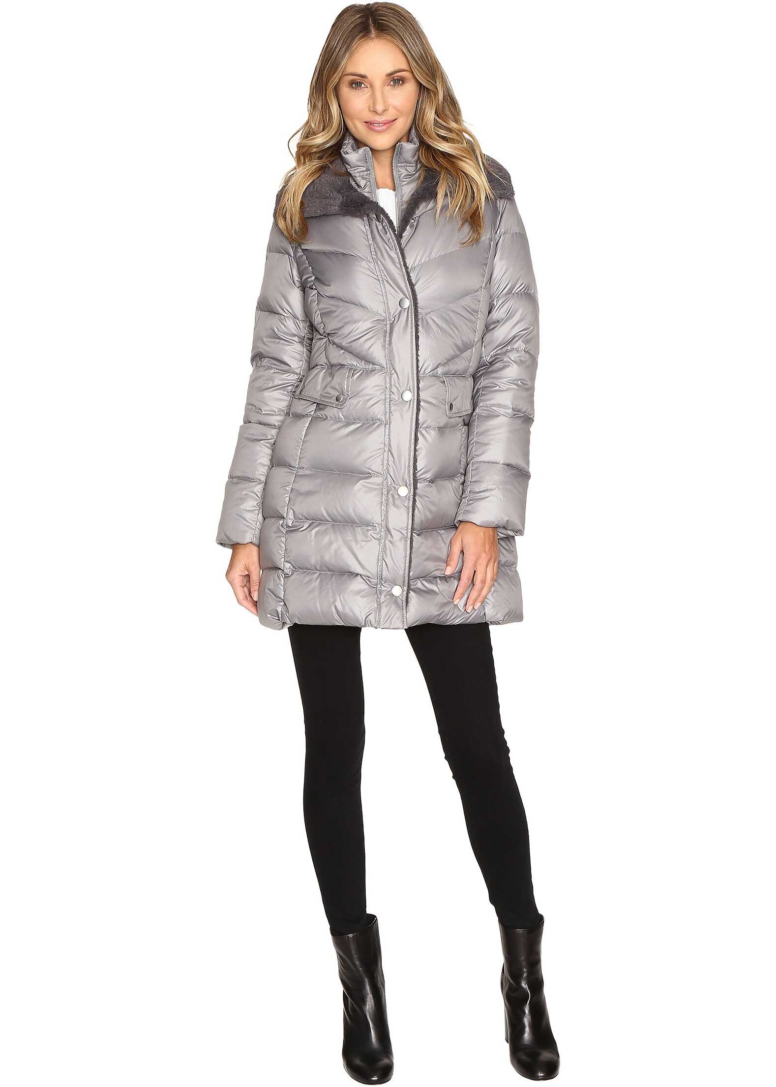 Geaca Kenneth Cole New York Quilted Coat with Sherpa Collar Nickel