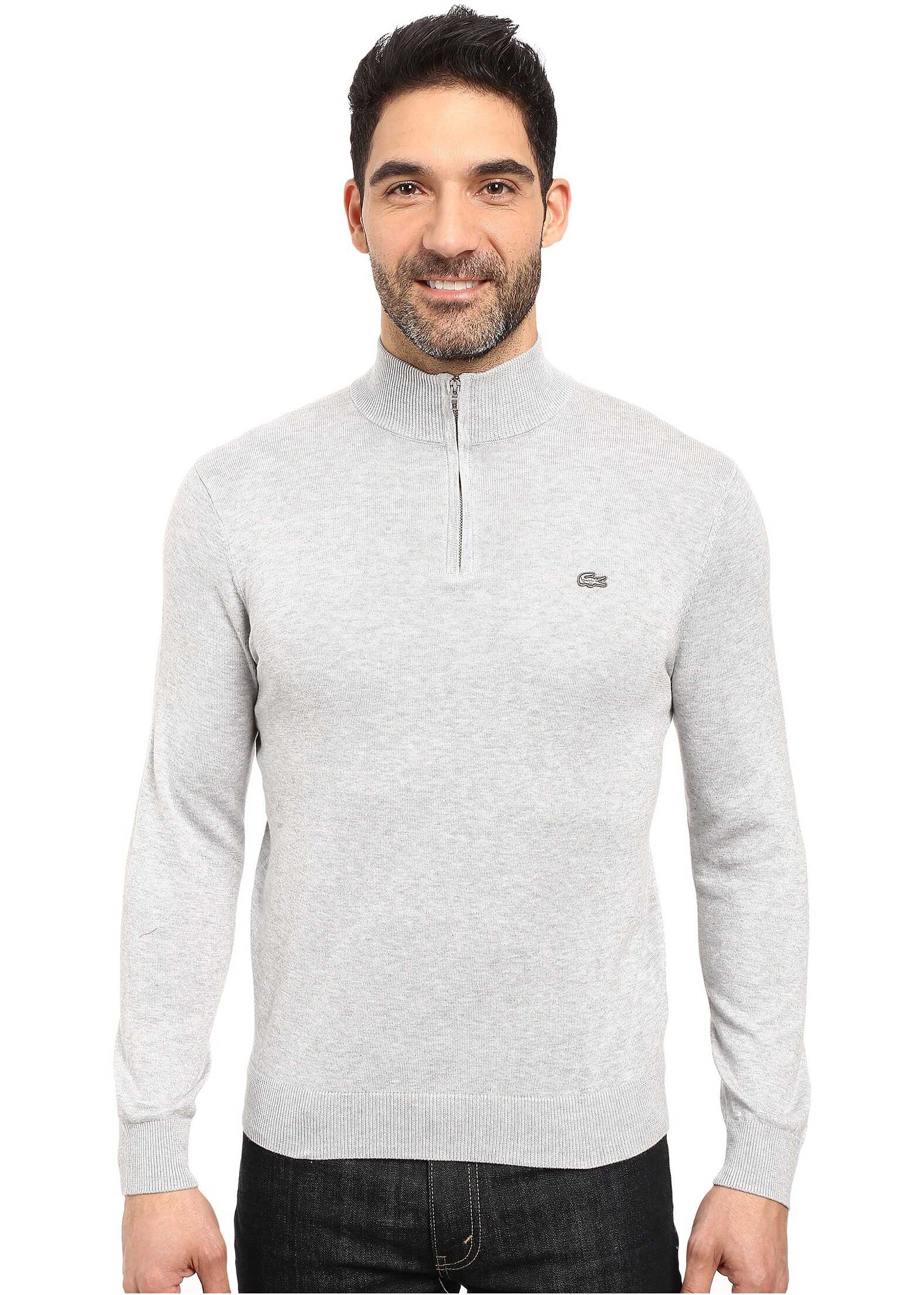 Pulover Lacoste Classic 1/4 Zip Jersey Sweater Silver Grey Chine/Navy Blue