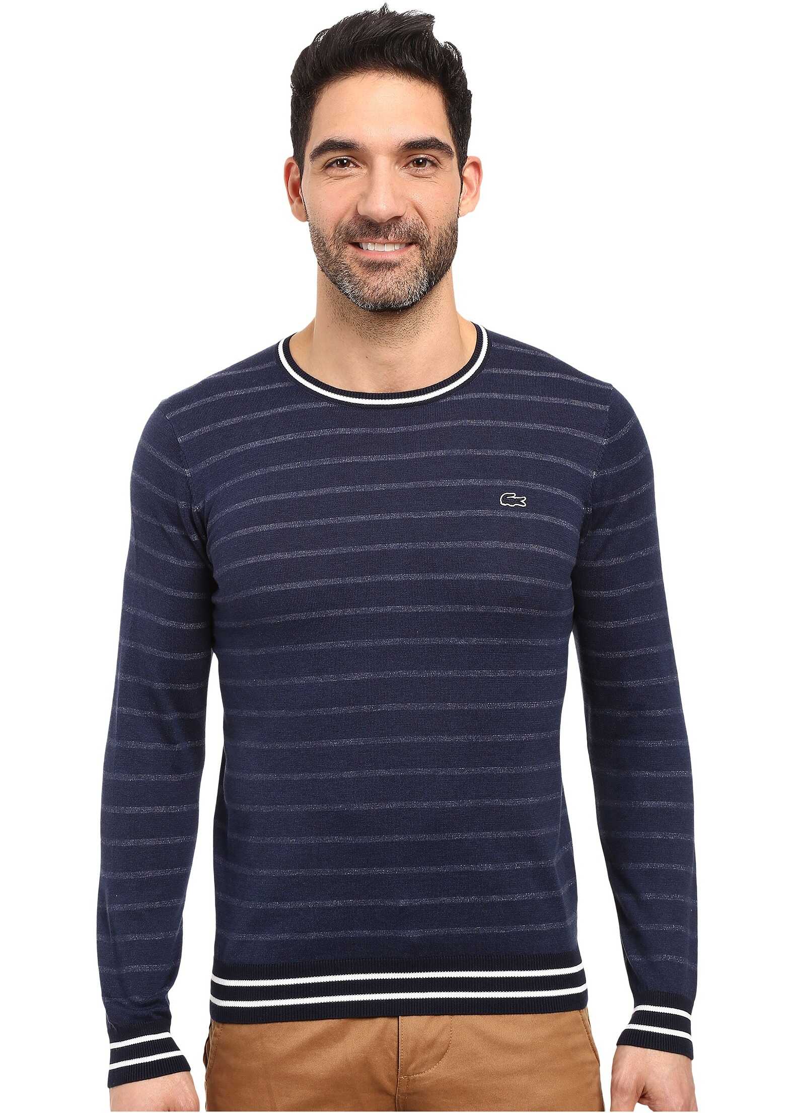 Pulover Lacoste Long Sleeve Double Face Chine Stripe Crew Neck Sweater Midnight Blue Chine/Navy Blue/Flour
