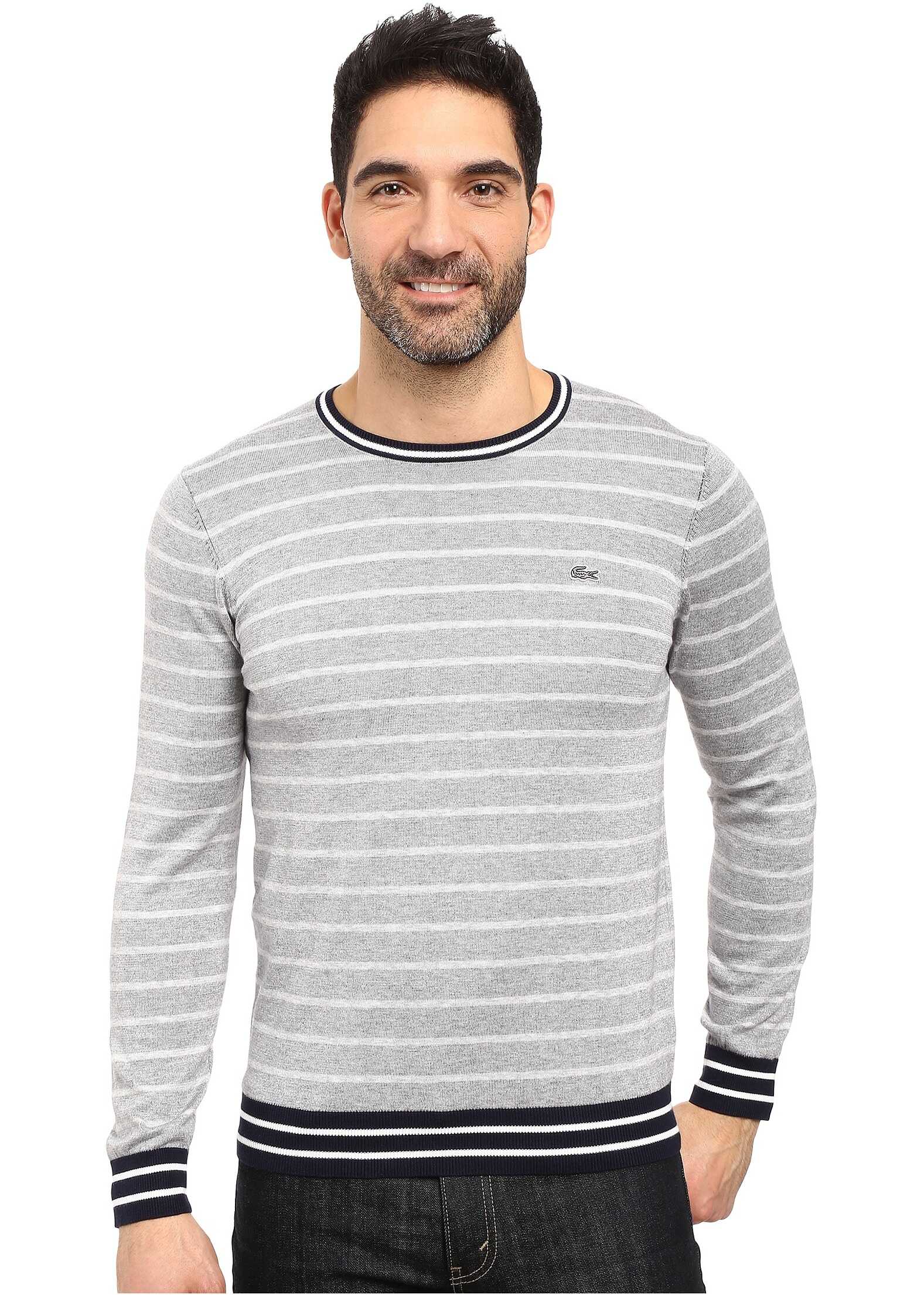 Pulover Lacoste Long Sleeve Double Face Chine Stripe Crew Neck Sweater Silver Chine/Navy Blue/White