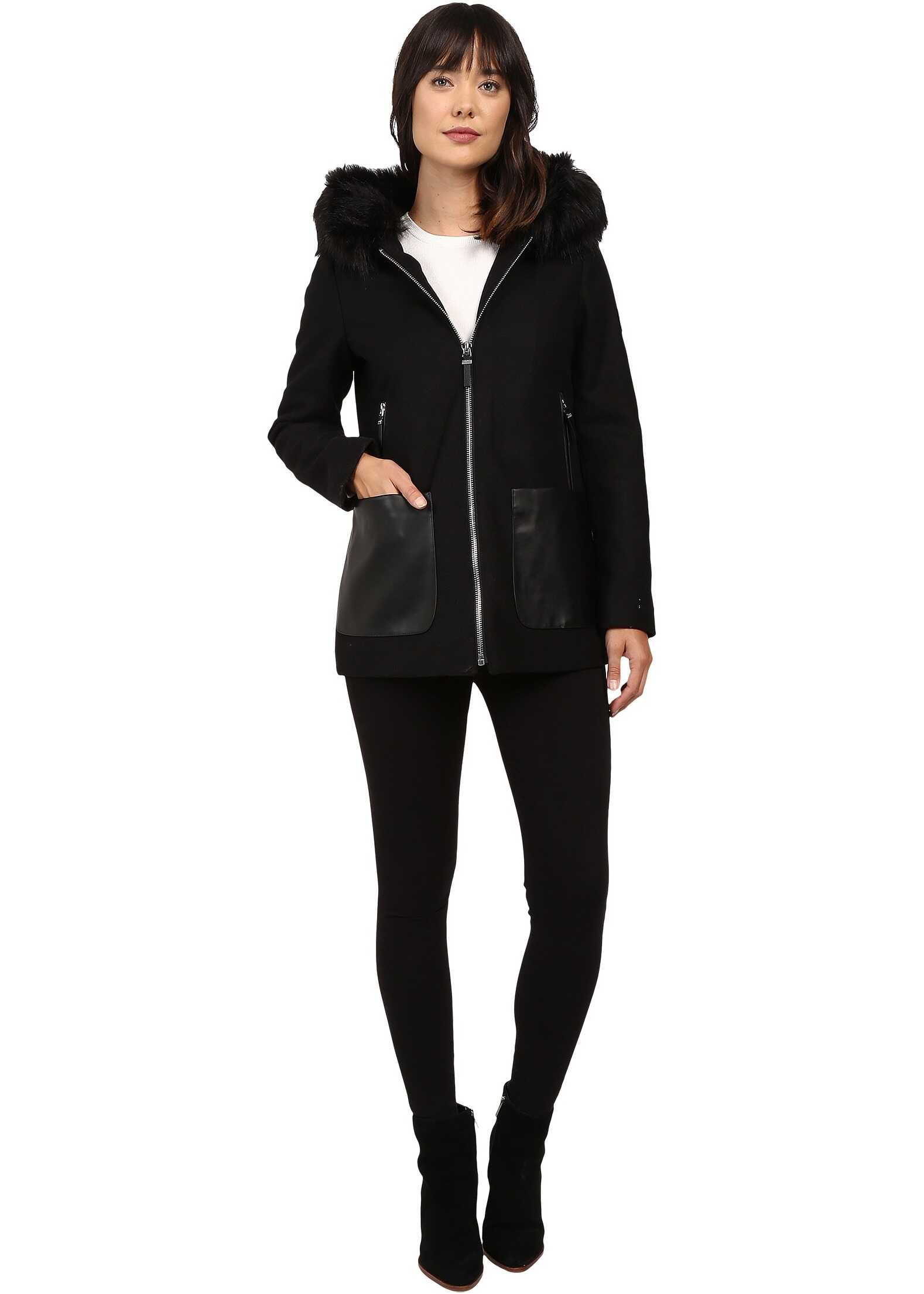 Pardesiu Calvin Klein Fashion Fur Trimmed Hood with Oversized PU Pocket Black