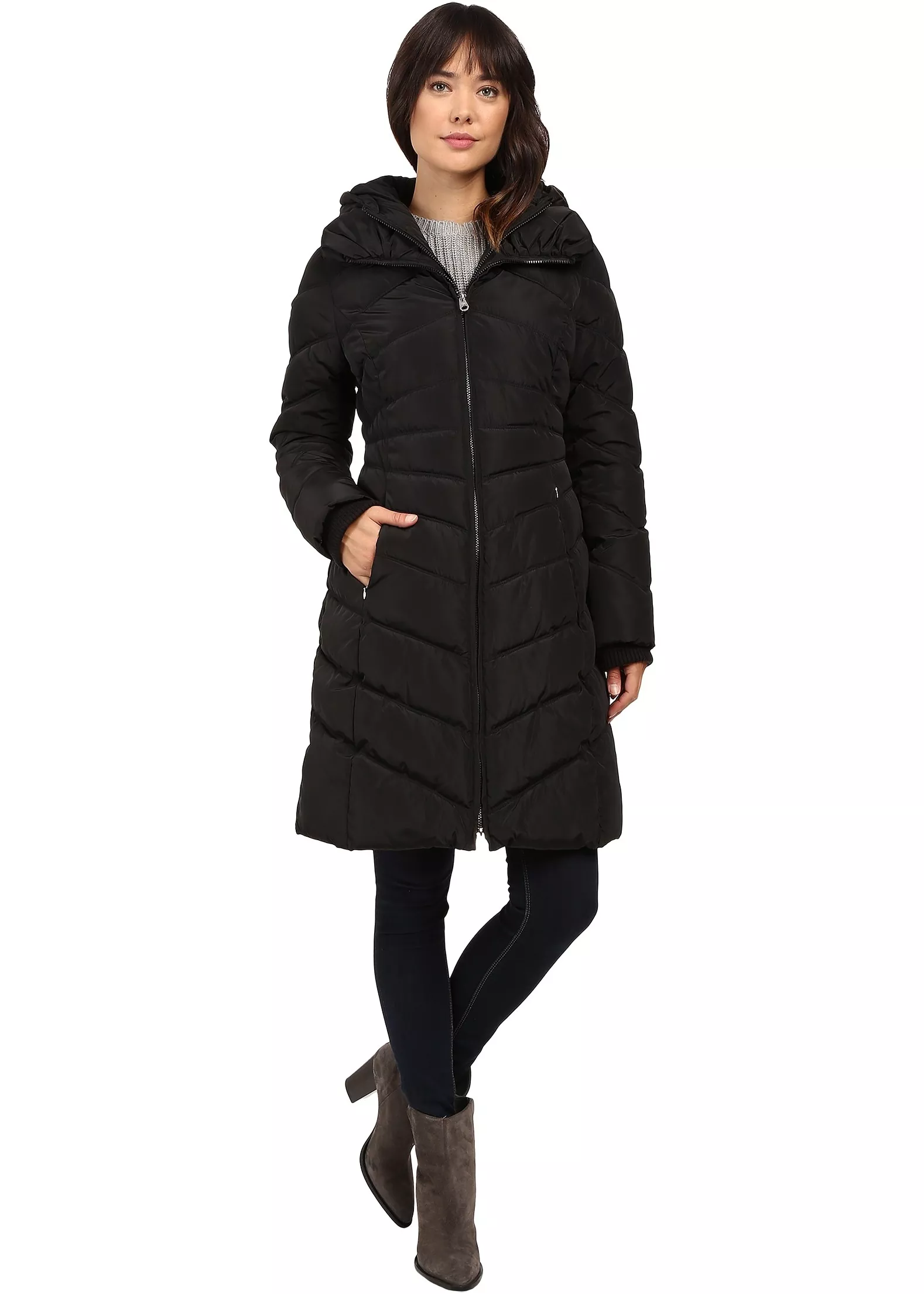 Geaca Jessica Simpson Chevron Quilted Down with Hood Black