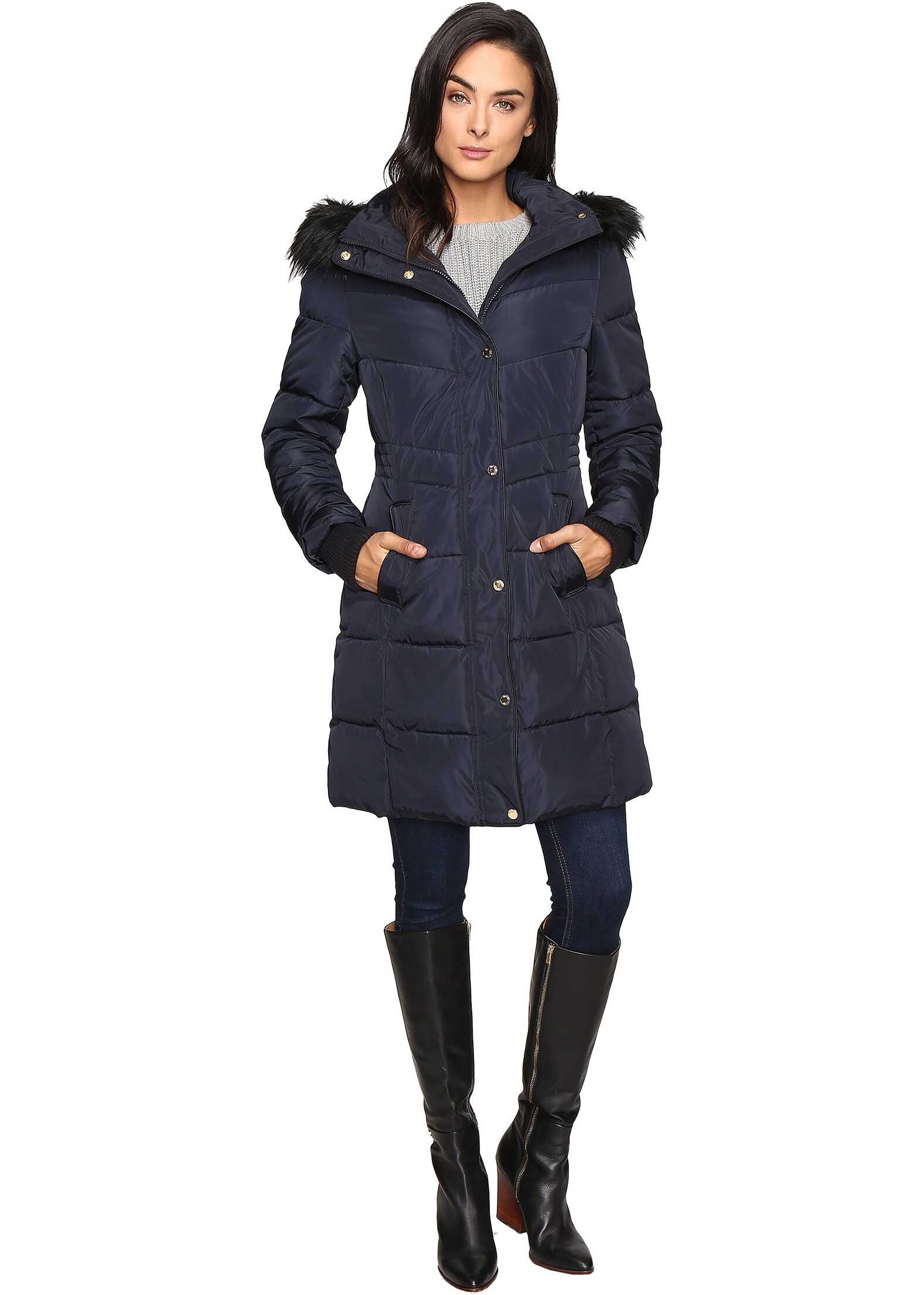 Geaca Jessica Simpson Long Puffer w/ Waist Detail Hood and Faux Fur Navy