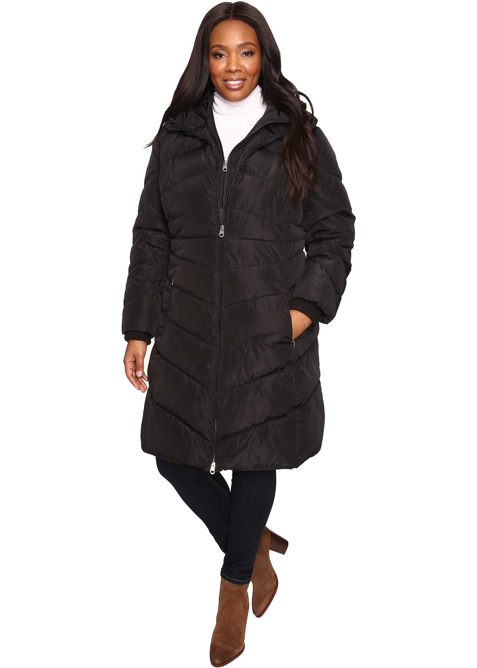 Geaca Jessica Simpson Plus Size Chevron Quilted Poly Down Coat with Hood Black