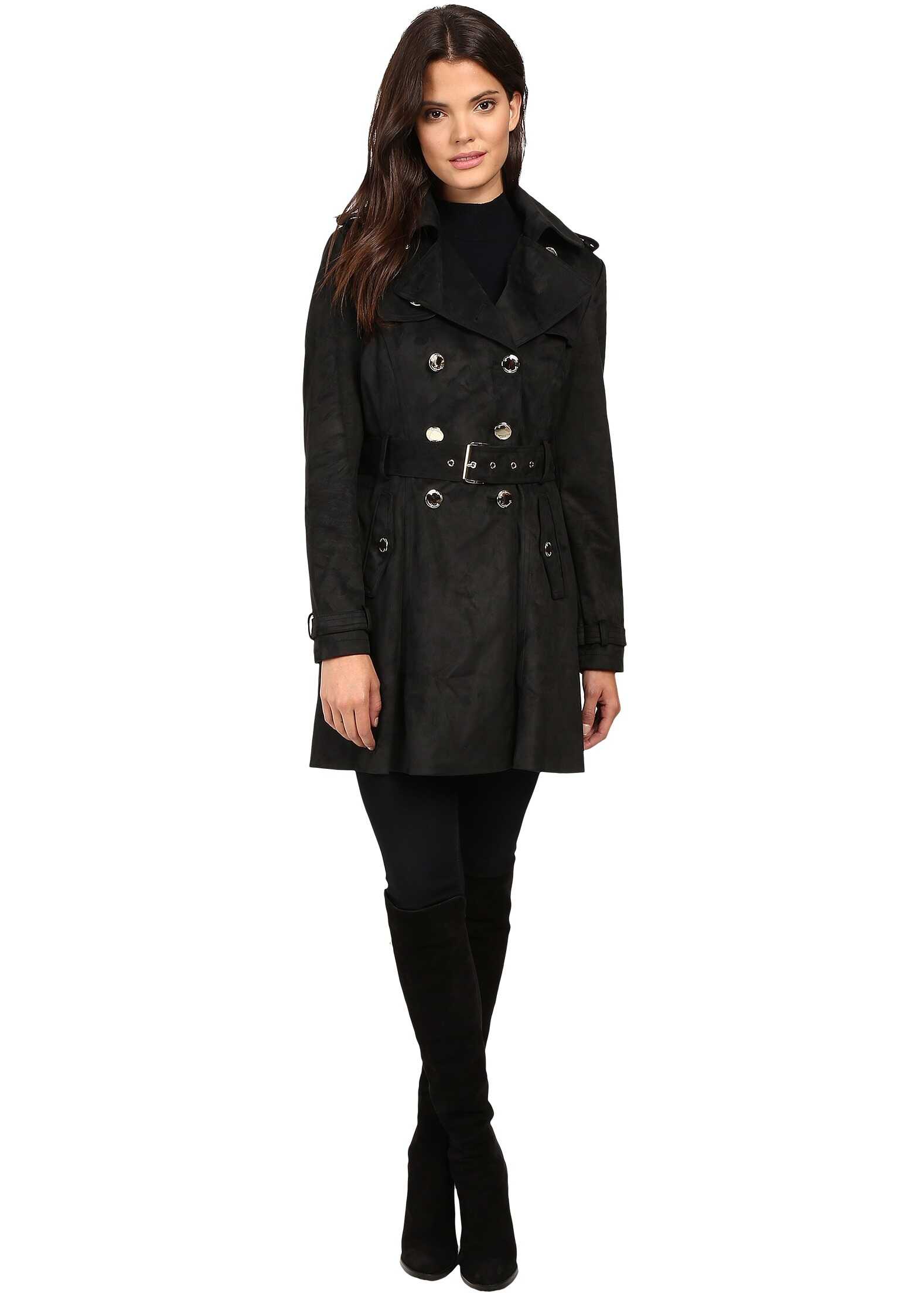 Pardesiu Jessica Simpson Sueded Rain Trench with Double Breasted Buttons Black
