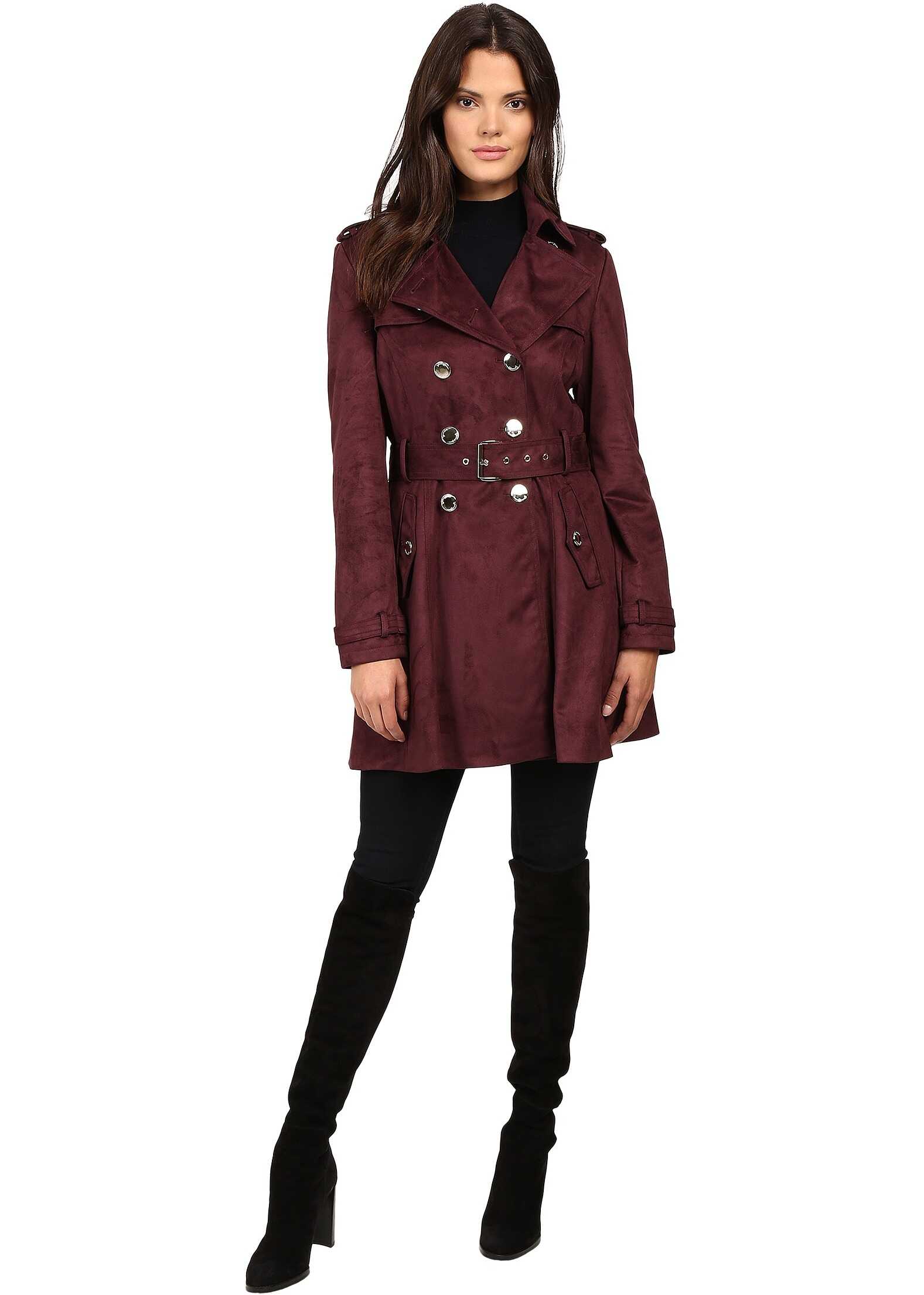 Pardesiu Jessica Simpson Sueded Rain Trench with Double Breasted Buttons Burgundy