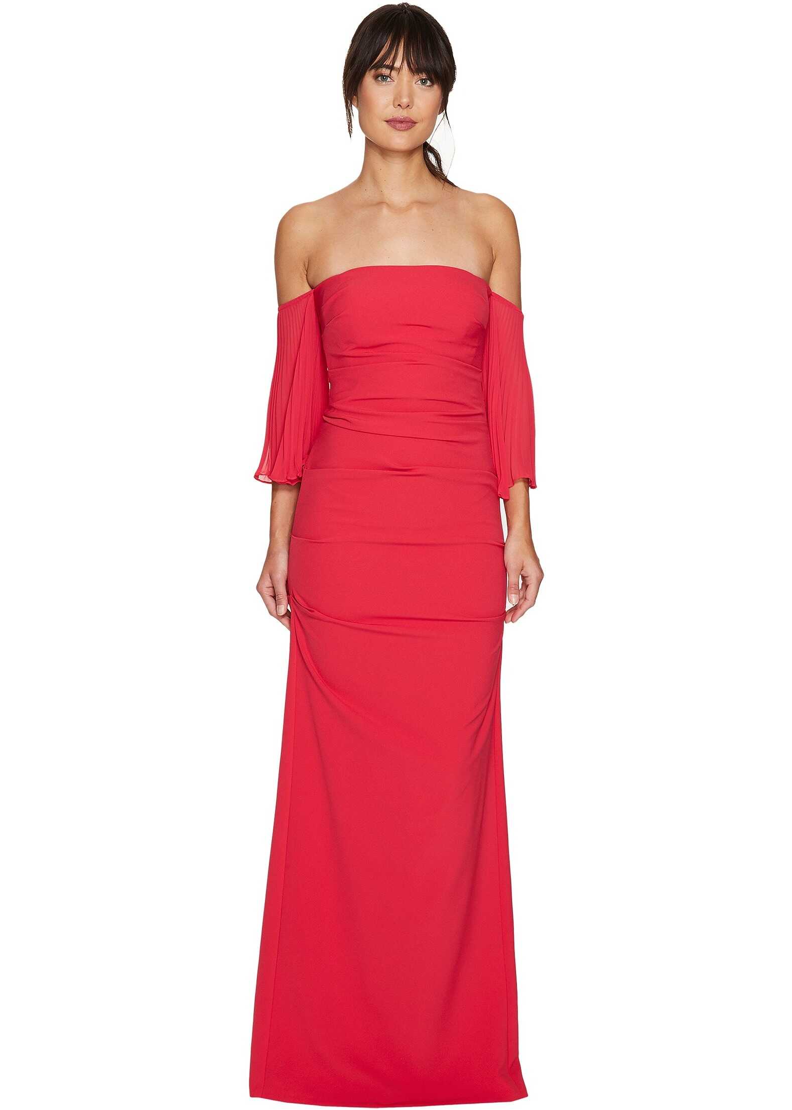 Rochie Nicole Miller Techy Crepe Pleated Sleeves Gown Watermelon
