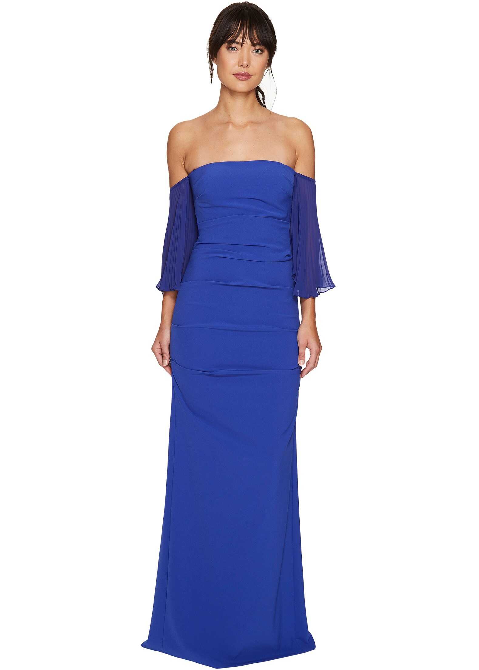 Rochie Nicole Miller Techy Crepe Pleated Sleeves Gown Blueberry