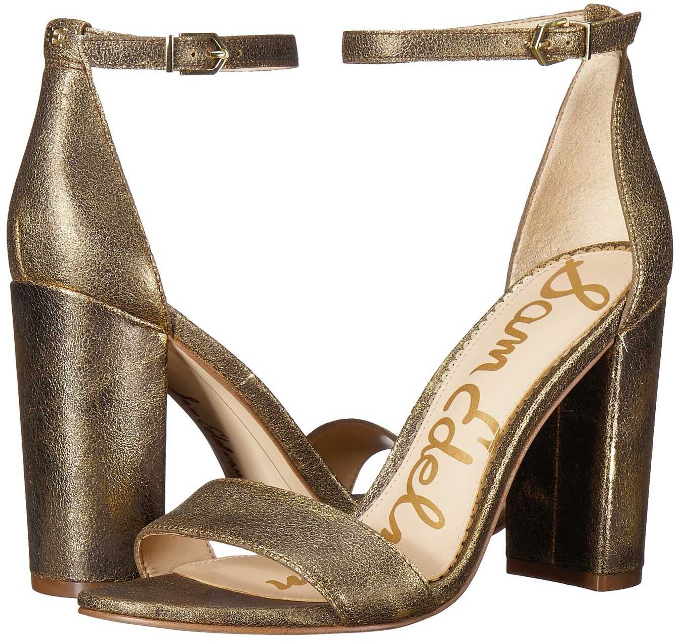 Sam Edelman Yaro Ankle Strap Sandal Heel Pure Gold Metallic Brush-Off Suede Leather