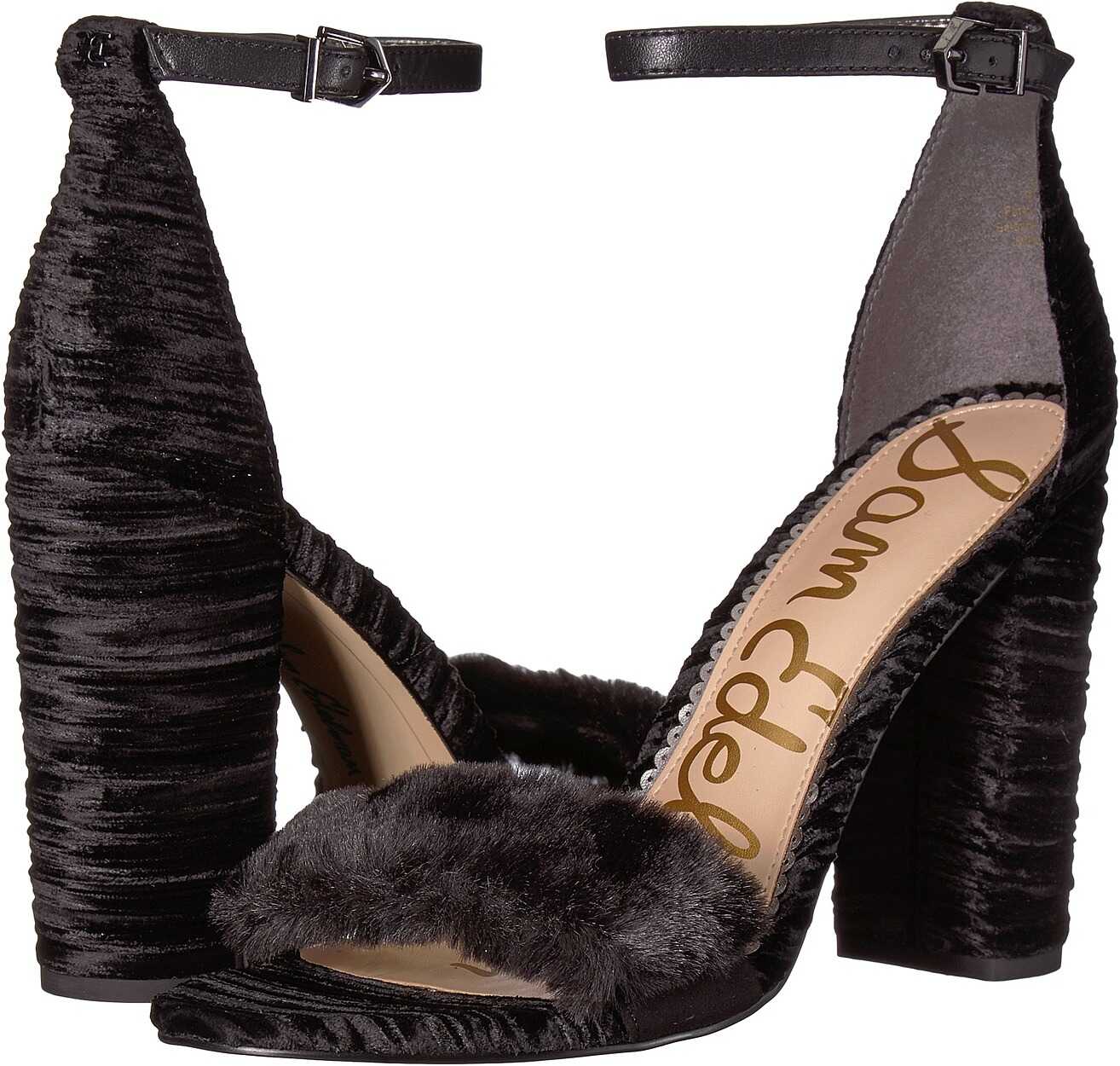 Sandala Sam Edelman Yaro Ankle Strap Sandal Heel Black Short Plush Fur/Striped Velvet