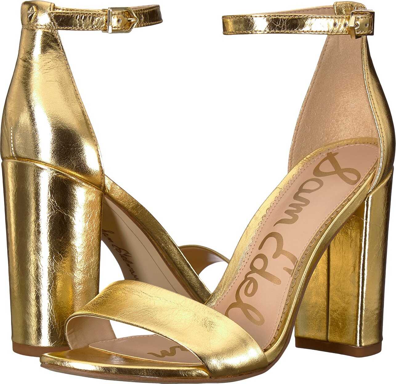 Sam Edelman Yaro Ankle Strap Sandal Heel Bright Gold Distressed Metallic Leather