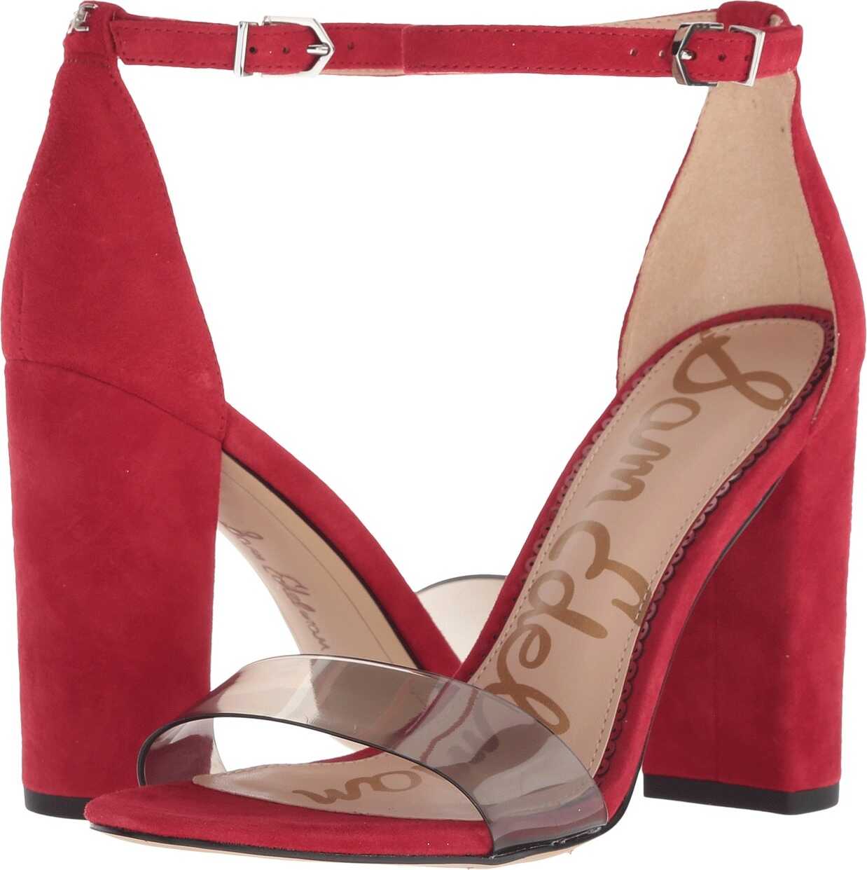 Sam Edelman Yaro Ankle Strap Sandal Heel Clear/Deep Red Vinyl/Suede Leather