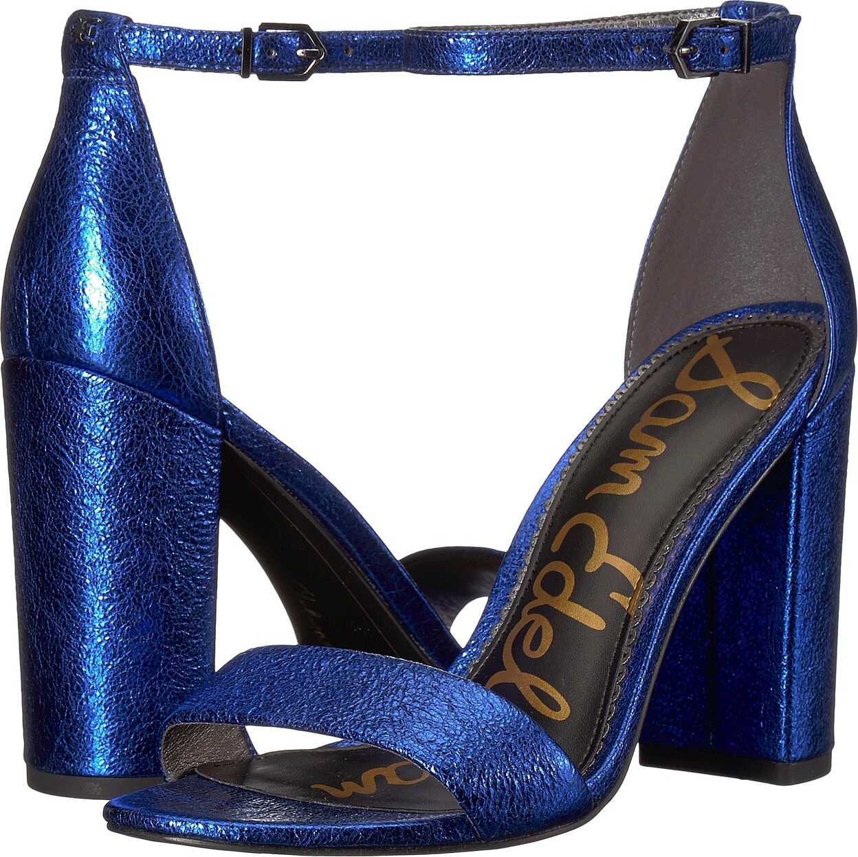 Sam Edelman Yaro Ankle Strap Sandal Heel Royal Blue Soft Crinkle Metallic Leather/Suede Leather