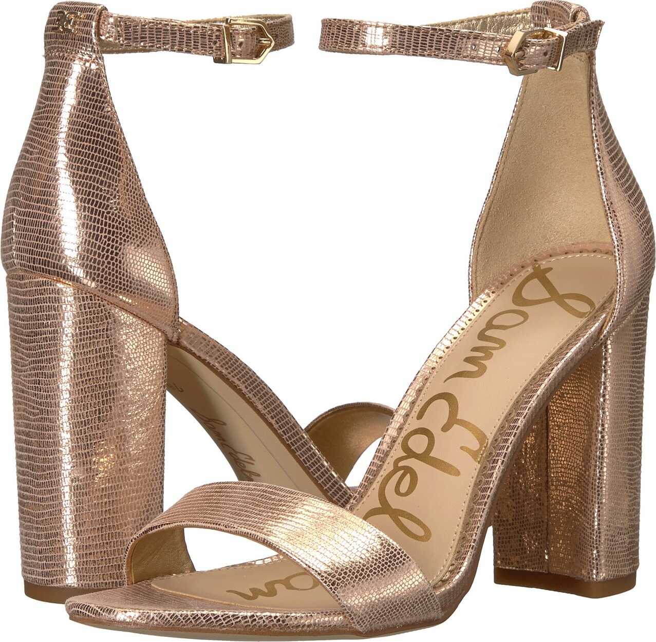 Sam Edelman Yaro Ankle Strap Sandal Heel Blush Gold New Glamour Lizard Print Leather