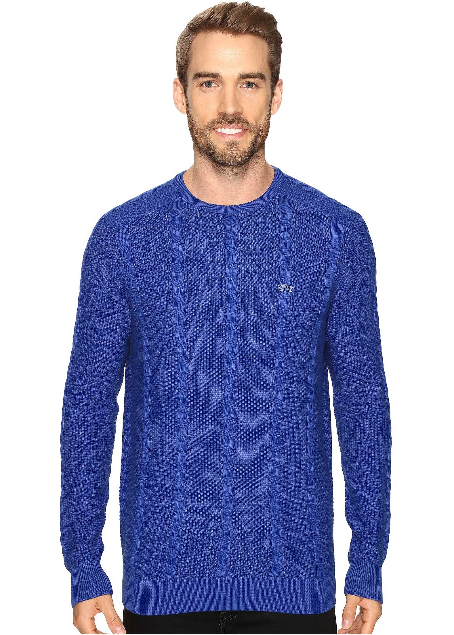 Pulover Lacoste Long Sleeve Resort Cotton Cable Crew Neck Steamship Blue